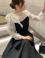 Liang Satin Tie Color Matching Puff Blouse