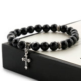 C22SVB-1002 Natural Stone Black Cutting Cross Onyx Bead Bracelet