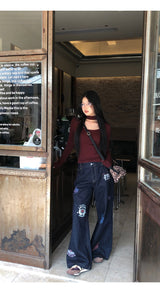 Stamp dark blue straight denim pants