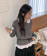 Round collar striped frill T-shirt