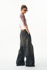 Washed Pleated Baggy Jeans
