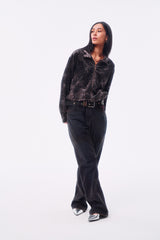 LEOPARD VELVET DOUBLE-HEAD COLOR-TOOTH ZIPPER SMUDGED SPRAY DISTRESSED TAILORED STAND COLLAR JACKET
