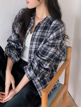 #Deep Blue Vintage Check Loose Shirt