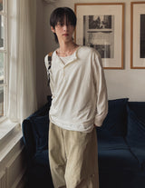トップツートーンレイヤードヘンリーネックロングスリーブTシャツ