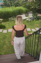 OFF SHOULDER SHIRRING TOP / D.BROWN