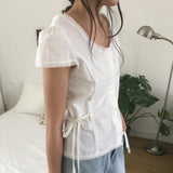 Melots Lace Waist Ribbon Short Sleeve Blouse (3 Colors) – Date Look