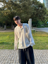 ワッフルオーバーヘンリーネック長袖Tシャツ