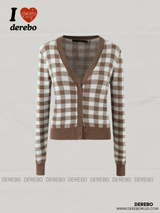 Brown V Checkered Long Sleeve Cardigan