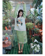 UnsocialNight original design autumn and winter light green cute イラストプリントハーフスカート female