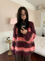 Hazy Hairy Stripe Loose Rose-Fit Knit
