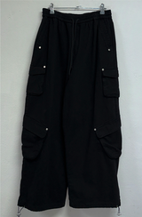 FLEECE/STRING TWO CARGO RIVET WIDE BALLOON LONG PANTS💚🤎🖤🩶4COLOR