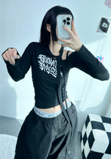 スカーフポイントシャーリングセミクロップレタリングロングスリーブ T🖤💙🤍🤎 - 4 カラーズ