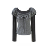 Lovely Contrast Shirring Point T-shirt 233103665