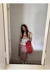レッドレタリングスパンデックスラウンドネック半袖Tシャツ