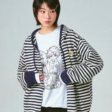 [UNISEX] Flower Dot Embroidery Knit Stripe Hooded Zip-up