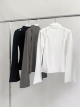half-turtleneck shoulder slit ribbed long-sleeved T-shirt