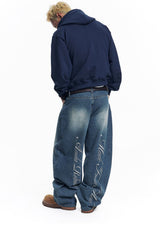 Stripe Lettering Denim Pants - Medium Blue