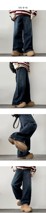 [Fleece lining]linen hem snapwashed wide denim pants-3 Tier Length