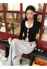 Lace Inner Layered Red Bow Long Sleeve Tee (Lace Inner Set)