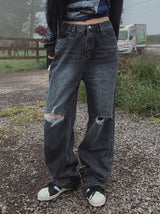 [U-DENIM] Summer ripped jeans wide denim pants