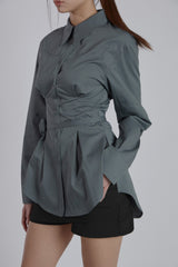PINTUCK ROSE BELT SHIRT(BLUE GRAY)