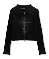 Cross Printed Ribbed Kint Zip-Up_Black