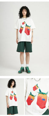 ストロベリーパターンルーズカジュアル半袖Tシャツ