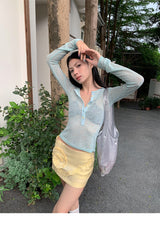 ミントグリーンボタンシースルー長袖Tシャツ
