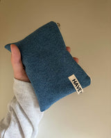 Denim & flower flat pouch - blue , S size