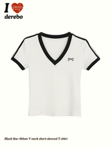 ブラックラインリボンVネック半袖Tシャツ
