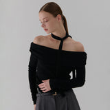 ネックリボンシャーリングオフショルダーTシャツ BLACK