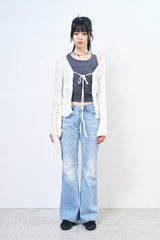 Non-button frill ribbed cardigan