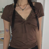 Kelney V-Neck Lace Ribbon Short Sleeve T-Shirt