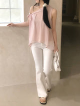 Lovie Unbal One-Shoulder Ribbon Chiffon Blouse