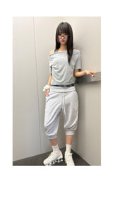 Check Halter Off-Shoulder Semi-Crop T-Shirt