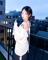 (3color) Ribbon Deep Slit Loose Fit Summer Long Sleeve Tee