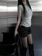 mock neck shirring short sleeve (3color)