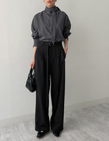 Marron Belted Two-Tuck Wide Slacks