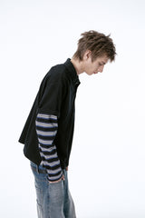 (BASE) LAYERED STRIPE POLO L/S TEE (NAVY)