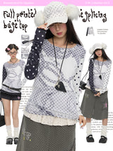 BETWEENAND Long-sleeved women’s top for spring, with a pixelated anime-style polka dot design; helps to slim the figure