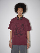 Dark wine red drum kit washed vintage short sleeve T-shirt