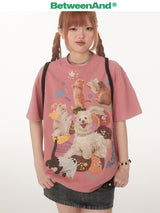 BETWEENAND サマードーパミンオリジナルリバティキャットアンドドッグプリンティド半袖Tシャツフィメールクリエイティブラウンドネックシャツフィメール