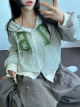 2ウェイ💚ストライプレタリングタトゥープリンティングフーディージップアップジャンパー🩵💚🖤3カラー
