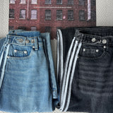 Gradient washing waist strap adjustable string three stripe track denim pants (2 colors)