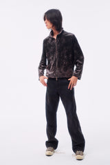 FLOCKED LIGHT HAND-BRUSHED FADED DISTRESSED COLOR-TOOTH ZIPPER HEM STRAIGHT-LEG JEANS