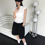 スリムパンチングストライプキャップスリーブ半袖シャツ