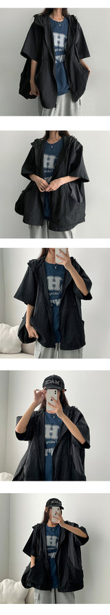 Mutual nylon coloring short-sleeved hooded zip-up
