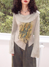 プリンティドレギュラーショルダールーズカラー長袖Tシャツ