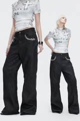 Pleated Embroidered Straight Jeans