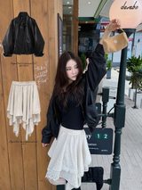 Deep cotton lace unbalanced midi skirt
